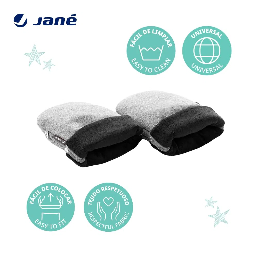 Jané Manoplas Carrito Bebé Invierno, Universales con Cremallera, Forro Polar Interior, Protección Frío y Viento, para Manillar Abierto y Cerrado, Gris
