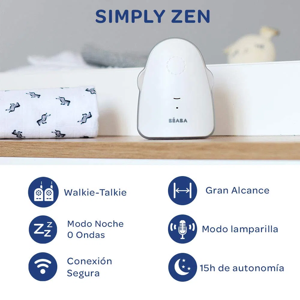 BÉABA - Intercomunicador + Monitor Audio, Walkie-Talkie, Función 0 Ondas, Modo Vox, Modo Noche con Luz, Alcance 300 m, Autonomía 15 h, Simply Zen, Blanco