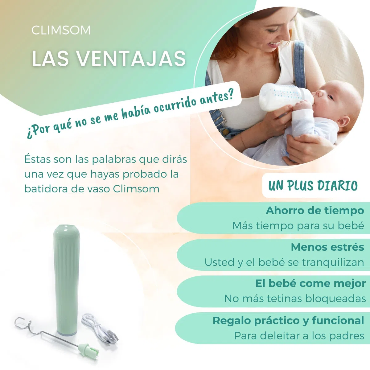 Mezclador De Biberones Anti Grumos CLIMSOM - Recargable Por USB, 3 Velocidades - Mezcla Homogénea Sin Grumos - Fácil De Limpiar - Para Todo Tipo De Leche