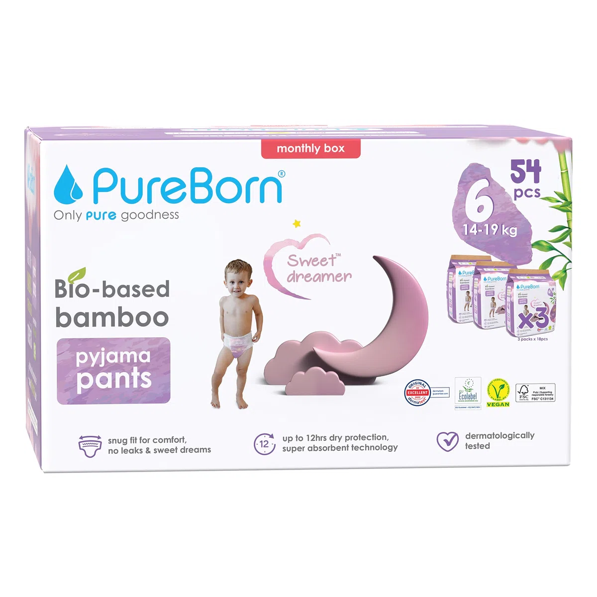 PureBorn Sweet Dreamer Pañales Braguitas de Noche, Talla 6 (14-19 kg), 54 Pañales, Protección Contra Fugas Durante la Noche, Absorción Extra, Confort en Seco, Indicador de Humedad