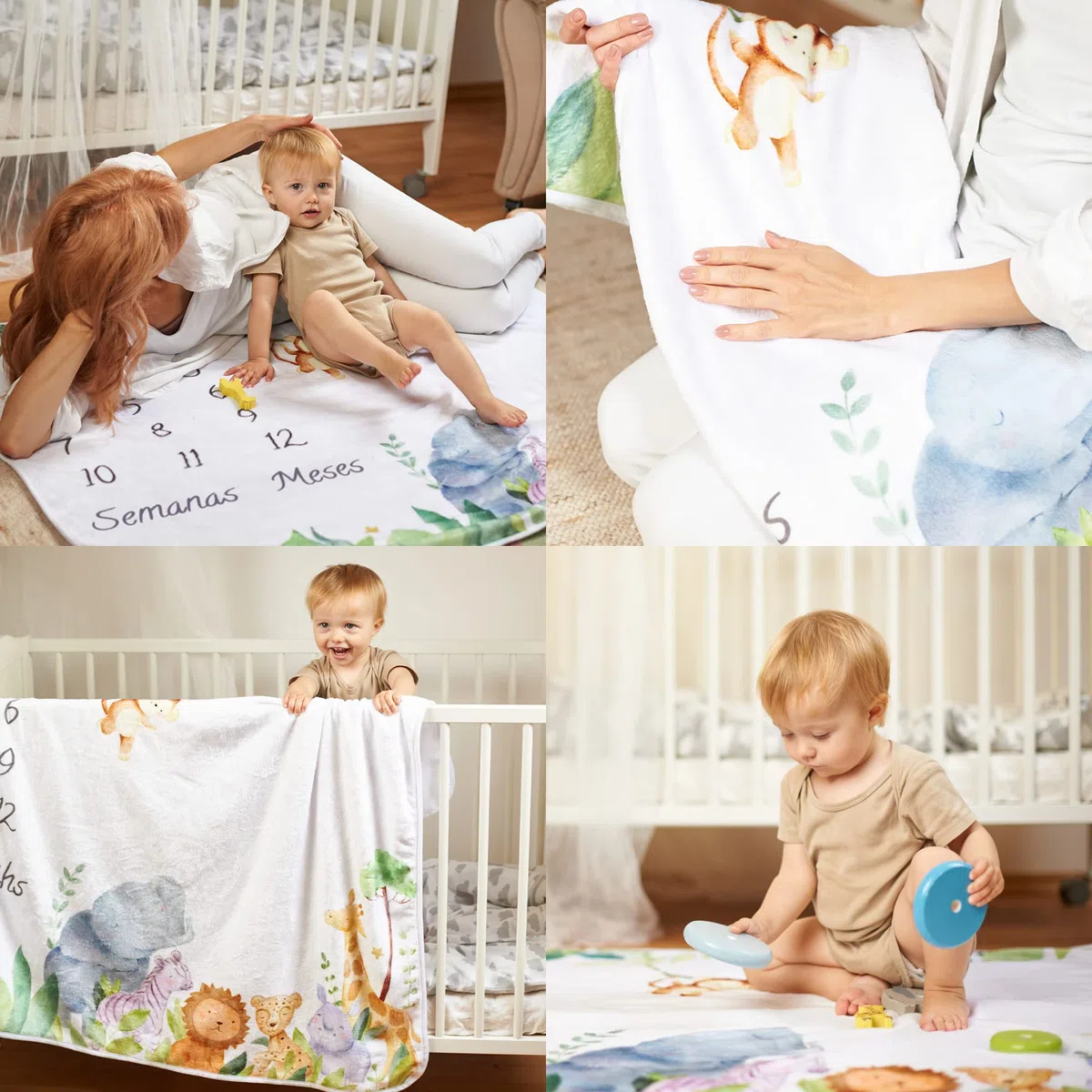 ODOXIA Manta Meses Bebé En Español | Manta Bebe Personalizada, Unisex | Tema Safari | Regalo Personalizado De Nacimiento para Nuevas Mamás | Manta Mensual Bebe | Incluye Marcos