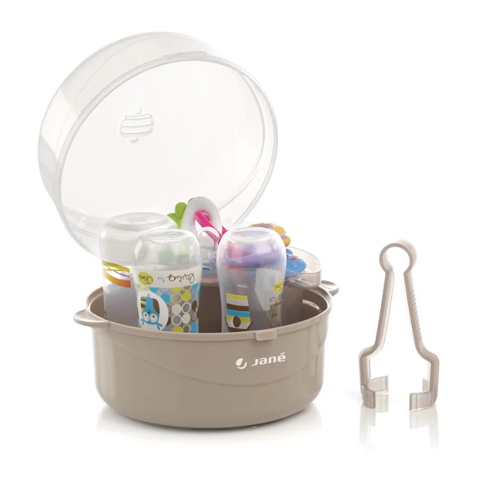 Jané Esterilizador para Microondas, Capacidad 6 Biberones, con Cesta para Tetinas y Pinza, Libre BPA, Gris