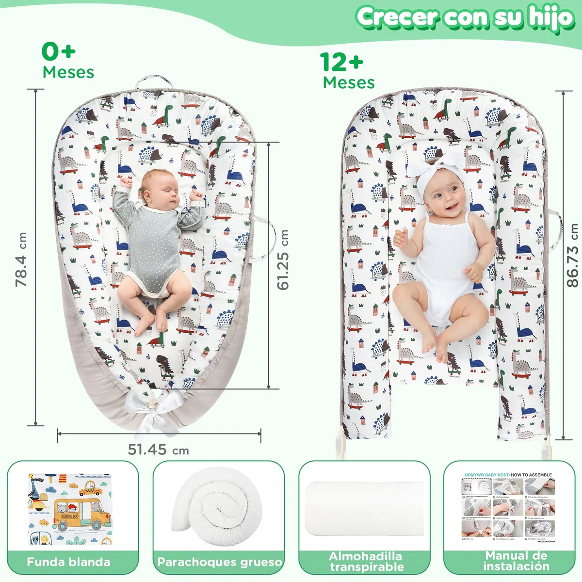 URMYWO Nido de Bebé nido bebe recien nacido Nido de Colecho para Bebe Reductor de Cuna algodón 90 x 50 cm