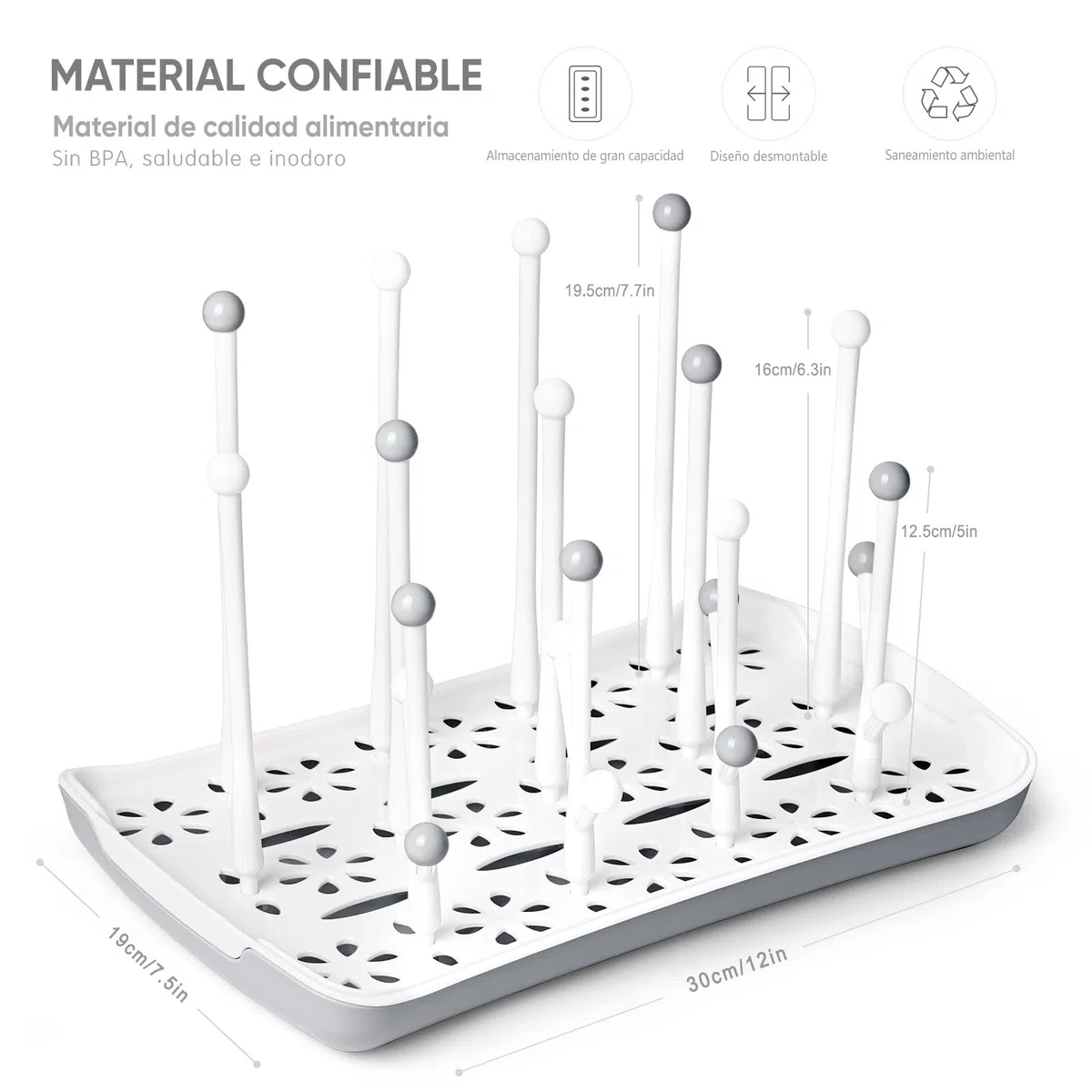 Termichy Estante para secar biberones con Bandeja de Agua extraíble Portabotellas para mostrador para bebés y niños pequeños (Gris)