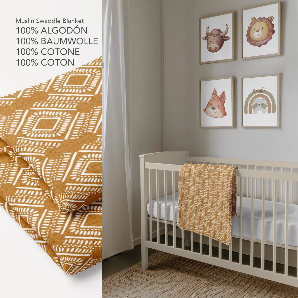 PEKEL’S Manta de Muselina Bebé 120x110 cm | 100% Algodón Suave y Transpirable | Paño Grande Envolvente para Recién Nacido, Cuna, Carrito o Regalo Baby Shower (Naranja)