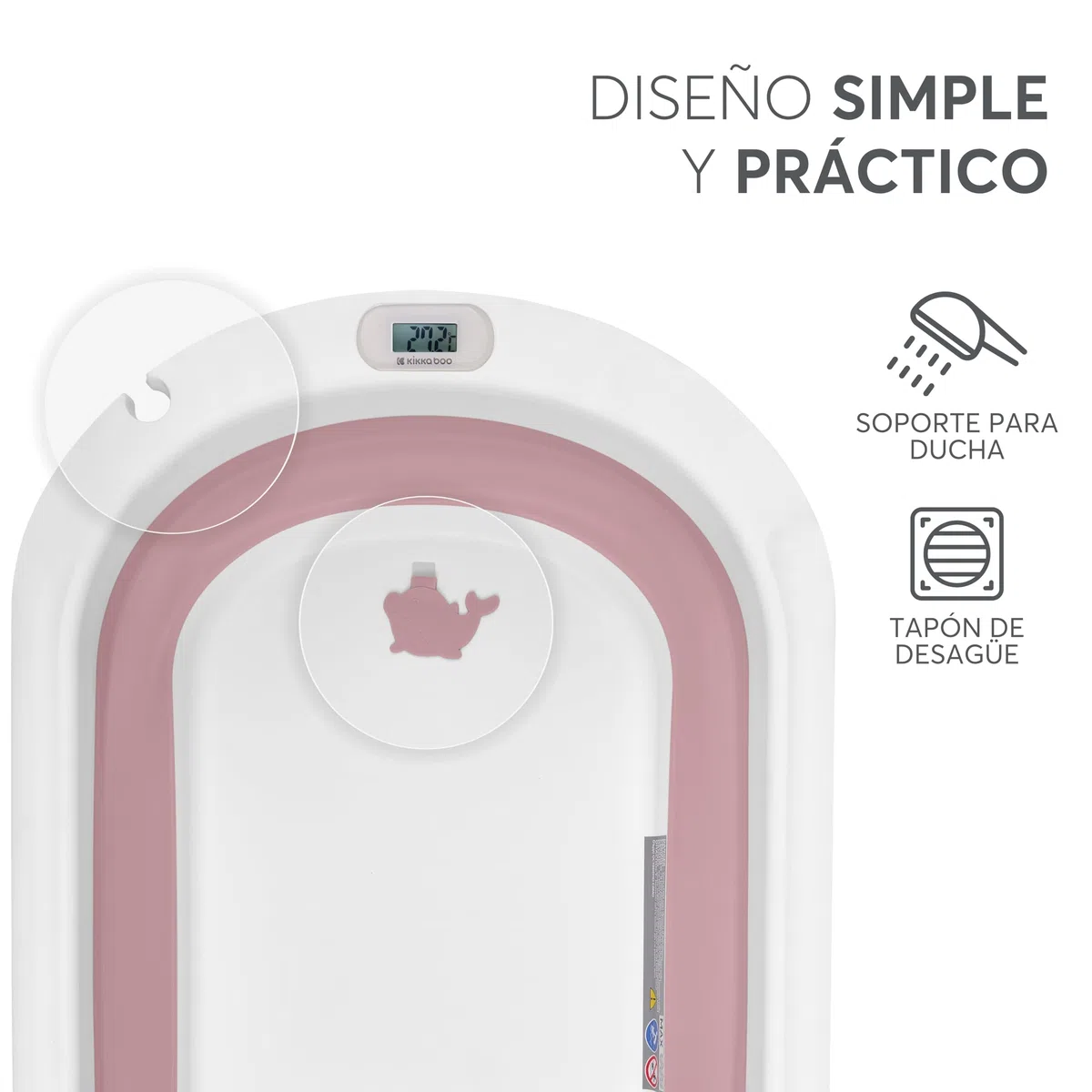 KikkaBoo Bañera para Bebés WILLY, Diseño Plegable, Termómetro Integrado, Cojín de Baño Suave, Patas Antideslizantes, Tapón de Drenaje, Material No Tóxico, Rosa