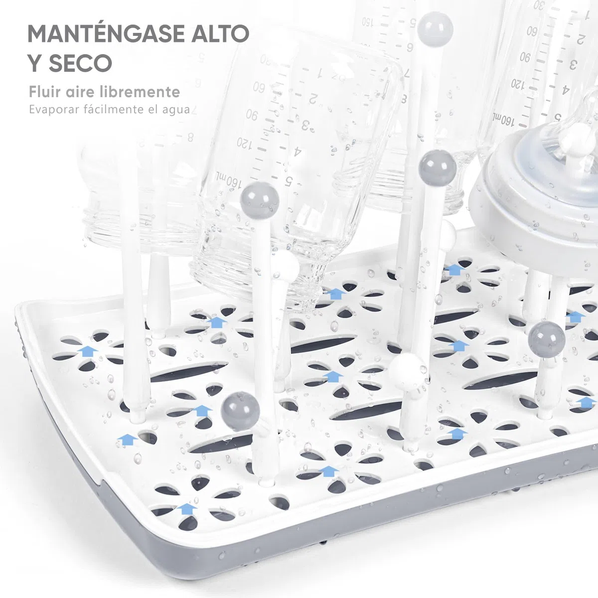 Termichy Estante para secar biberones con Bandeja de Agua extraíble Portabotellas para mostrador para bebés y niños pequeños (Gris)