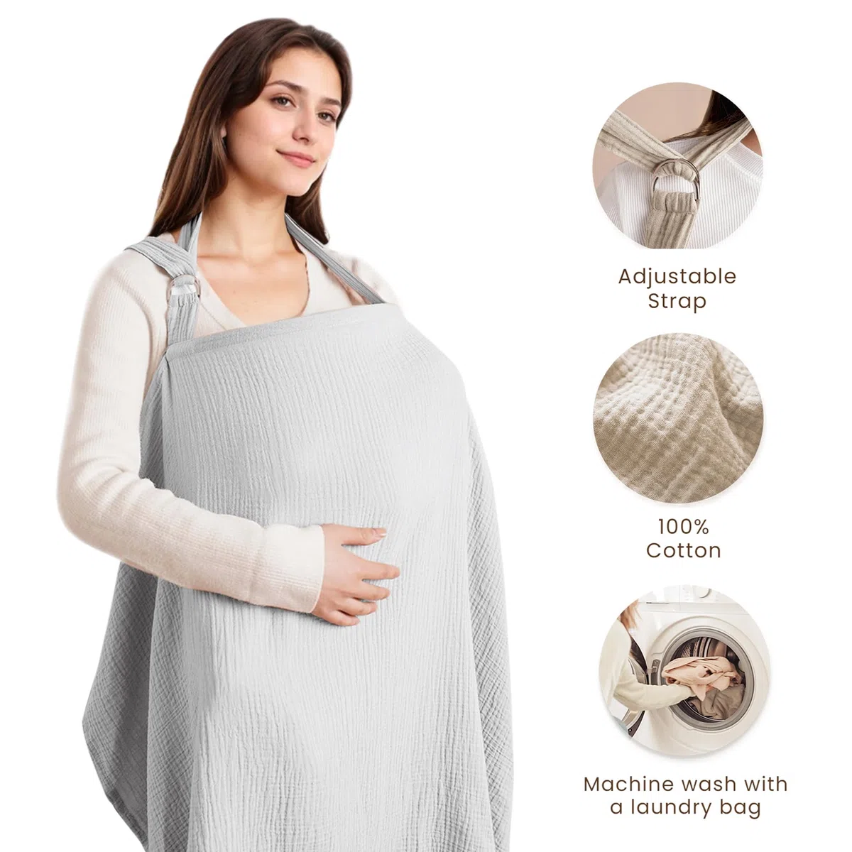 Konssy Funda de muselina para lactancia materna, transpirable, 100% algodón, con aro rígido para delantal de lactancia, toldo multiusos para asiento de coche (Gris)