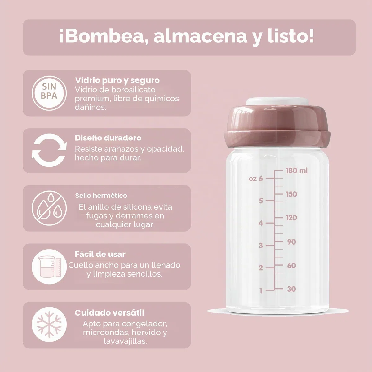 ana Baby - Botellas de almacenamiento de vidrio para leche materna, 180 ml, apto para lavavajillas, congelador y microondas
