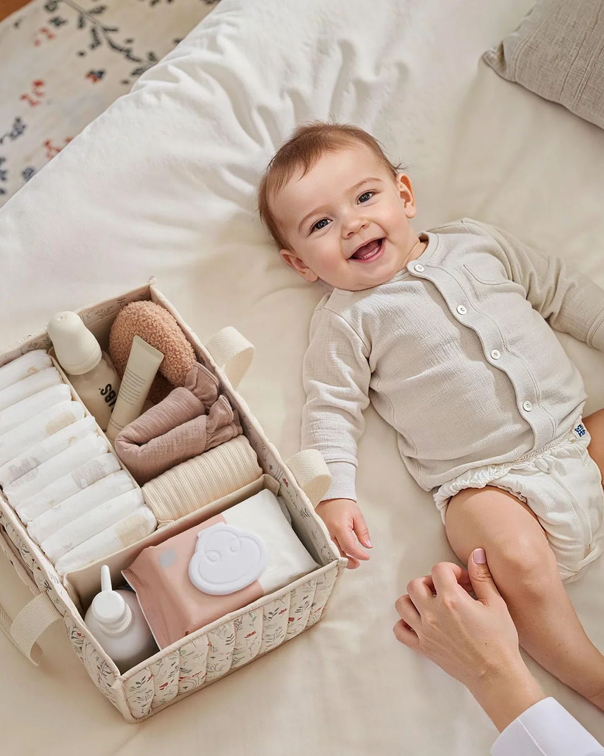 Blissful Diary Organizador de cambiador para bebé, Cesta de Almacenamiento Elegante para Necesidades de Recién Nacidos y Estación de Pañales, Regalo de Baby Shower, Beige Floral