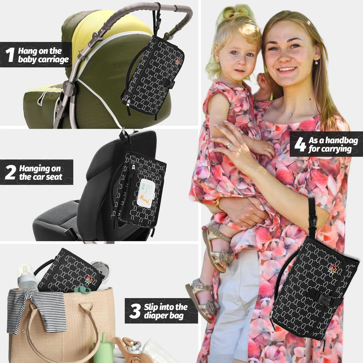 Cambiador portátil bebé - Cambiador viaje bebé con bolsillo para toallitas y cojín para la cabeza, impermeable, extraíble - Regalo ideal para recién nacido（Negro）