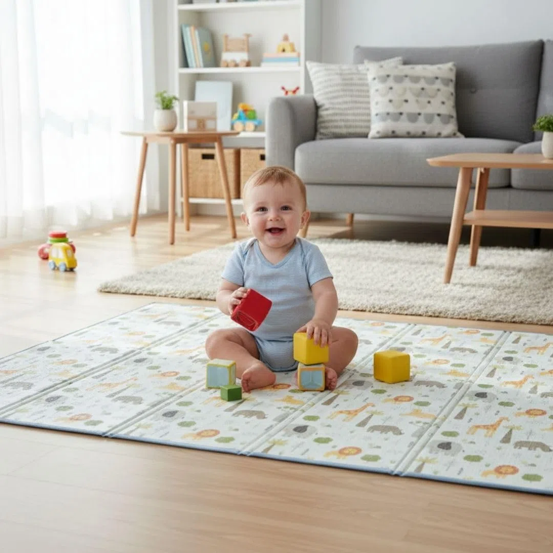 Alfombra de Bebé, Plegable, Extra Grande 200 x 150 cm, Impermeable, Acolchada 1 cm, Reversible, Diseño Educativo con Números y Abecedario, para Gatear y Jugar (Marrón/Animales)
