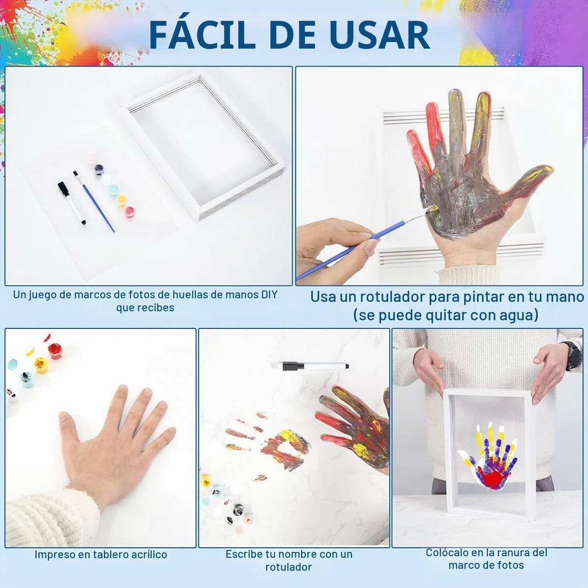 Auauraintt 4 piezasKit de Huellas de Manos Familiares,Marco de fotos de recuerdo para recién nacidos, marco artesanal de madera, decoración del hogar, regalo para nuevos y futuros padres