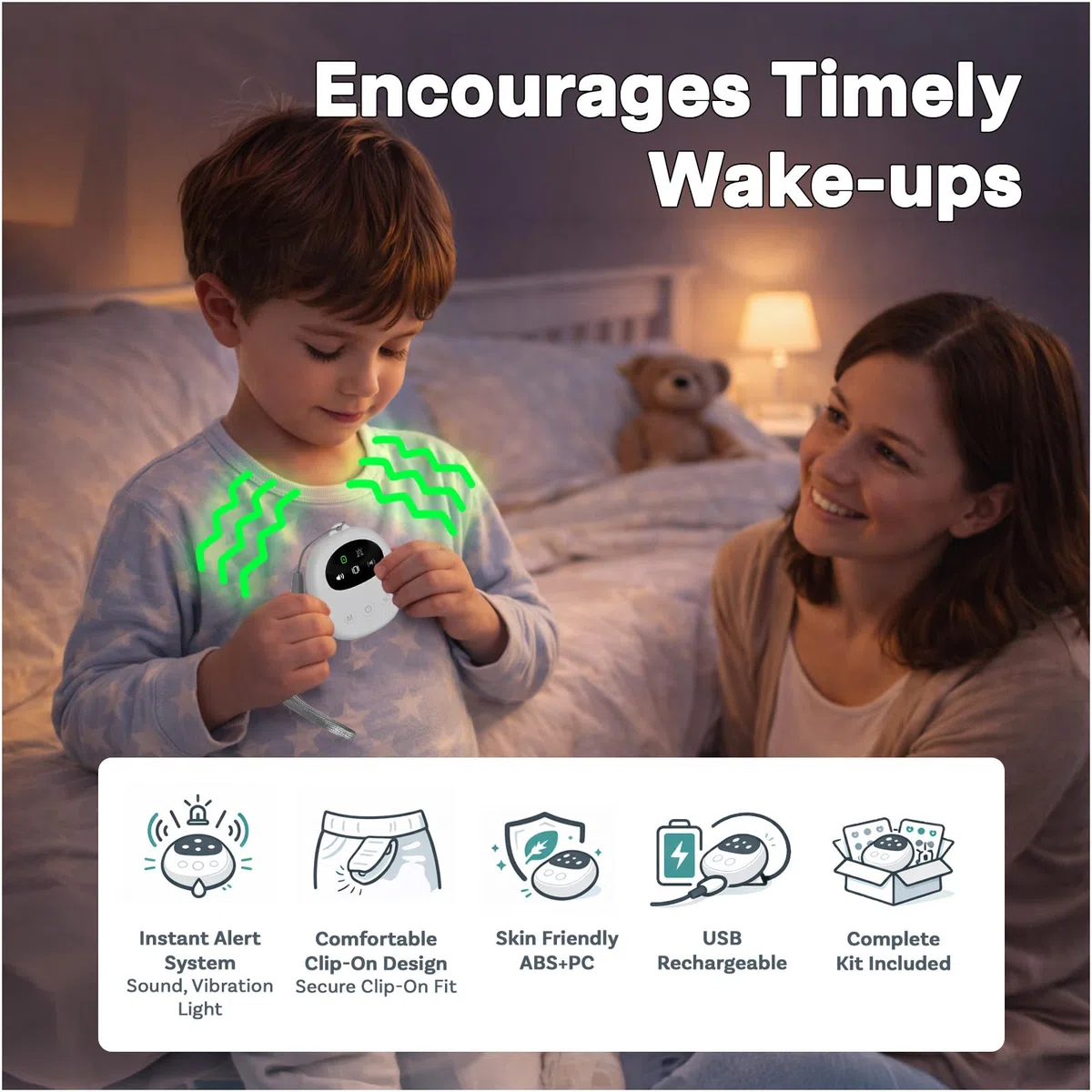 Alarma Enuresis para Niños y Personas Mayores de MMOBIEL – Compacta Sensor de Humedad con Cable y Clip – Sonido, Vibración y Luz – Recargable USB – Volumen Ajustable – Entrenamiento para ir al Baño