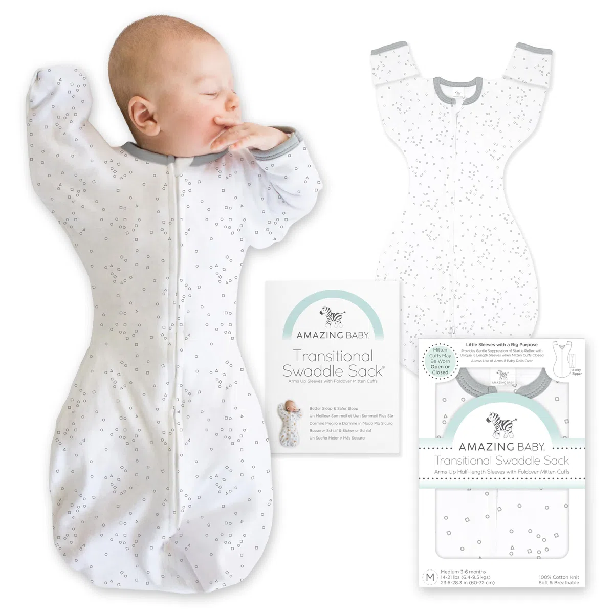 Amazing Baby Saco de Dormir Bebé y Saco de Arrullo de Transición, Arrullo Bebé Recién Nacido con Mangas Brazos Arriba y Puños Tipo Manopla, Manta Portátil, M, 3-6 Meses, Confetti