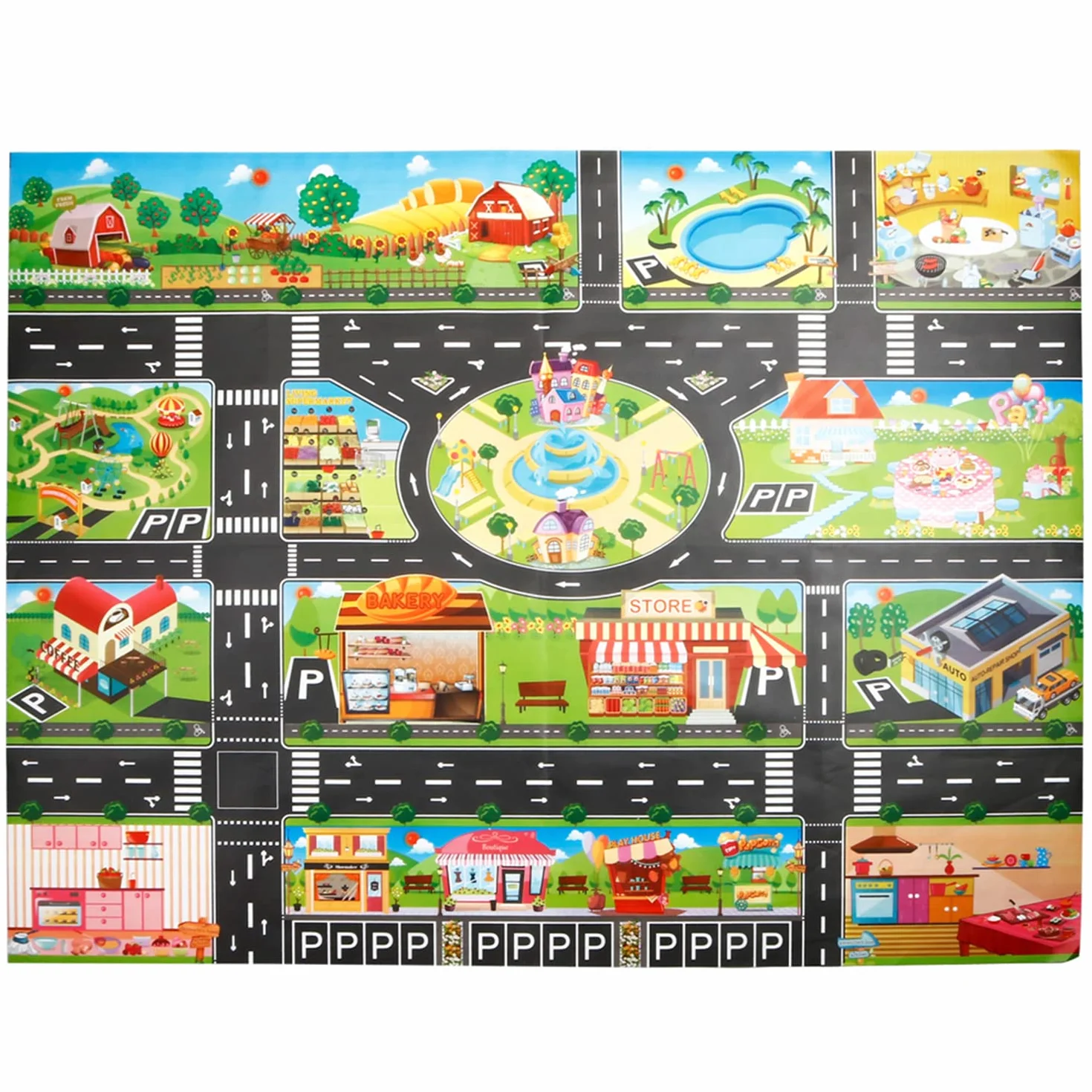 Alfombra de Juguete(39 * 51in/100 * 130cm) Road Playmat Juguete, PVC de plástico para niños, Alfombra Impermeable Ciudad Vida Ideal para Jugar con Coches y Juguetes
