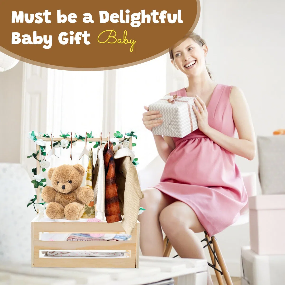 Cesta de madera para bebé, regalo con asa, cajas de baby shower, cesta de lavandería, recién nacidos, ducha, práctica caja de almacenamiento para niños y niñas, embarazo (color madera)