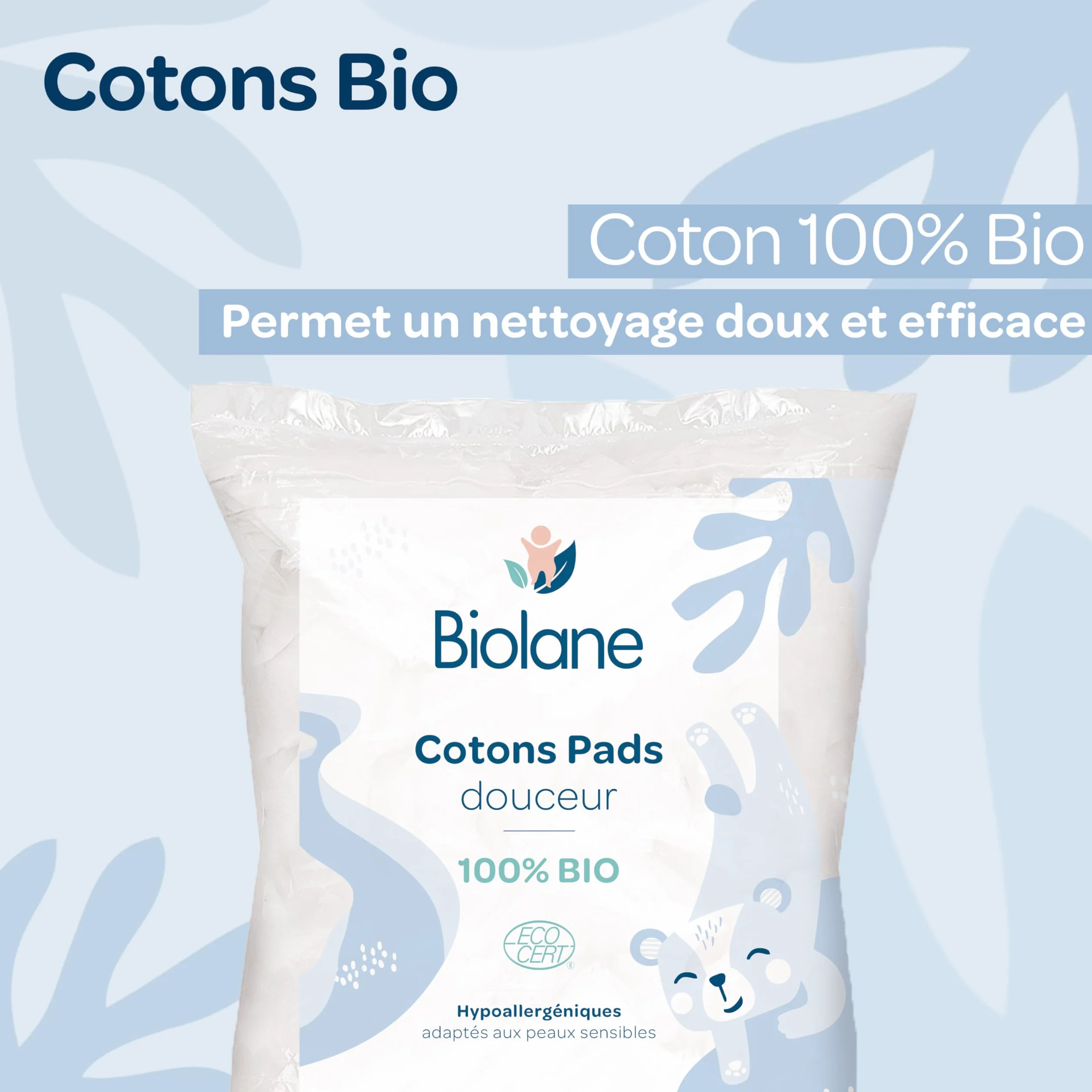 BIOLANE – Juego de 3 almohadillas de algodón para bebé, 100% orgánico, 150 algodón, piel sensible, cambio y aseo – desde el nacimiento – Fabricado en Francia