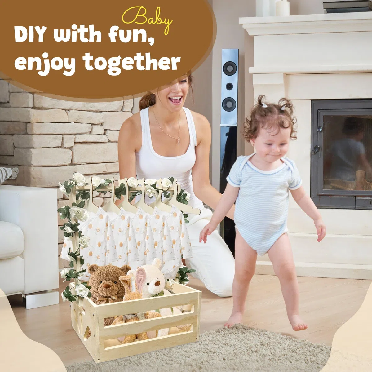 Cesta de madera para bebé, regalo con asa, cajas de baby shower, cesta de lavandería, recién nacidos, ducha, práctica caja de almacenamiento para niños y niñas, embarazo (color madera)