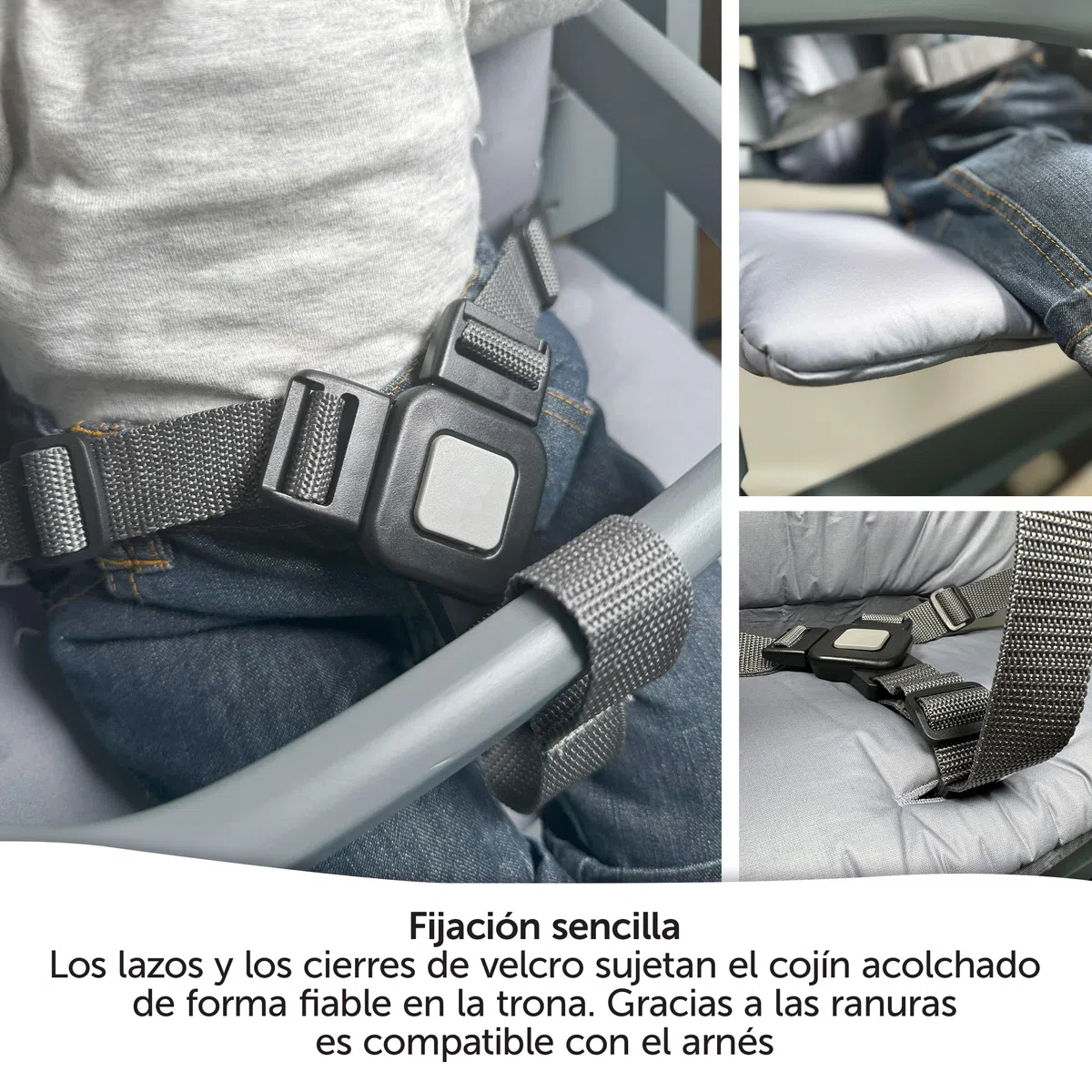 LaLoona Cojin Trona Madera para Bebeconfort/Safety 1st Timba, Cojin Impermeable Trona de 2 Piezas, Cojin Trona Evolutiva Madera Lavable, OEKOTEX Standard 100 - Gris