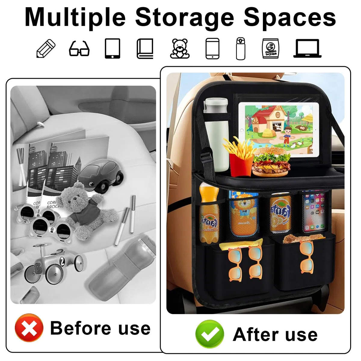 2 organizadores de asiento de coche con mesa plegable, organizador grande para asiento trasero de coche para niños, multifuncional, resistente al agua, organizador de asiento trasero, bolsa para