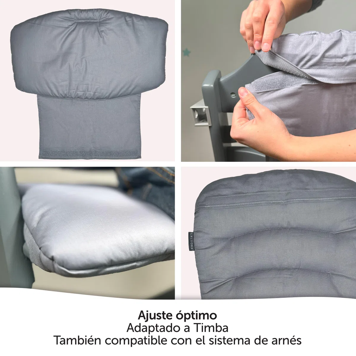 LaLoona Cojin Trona Madera para Bebeconfort/Safety 1st Timba, Cojin Impermeable Trona de 2 Piezas, Cojin Trona Evolutiva Madera Lavable, OEKOTEX Standard 100 - Gris
