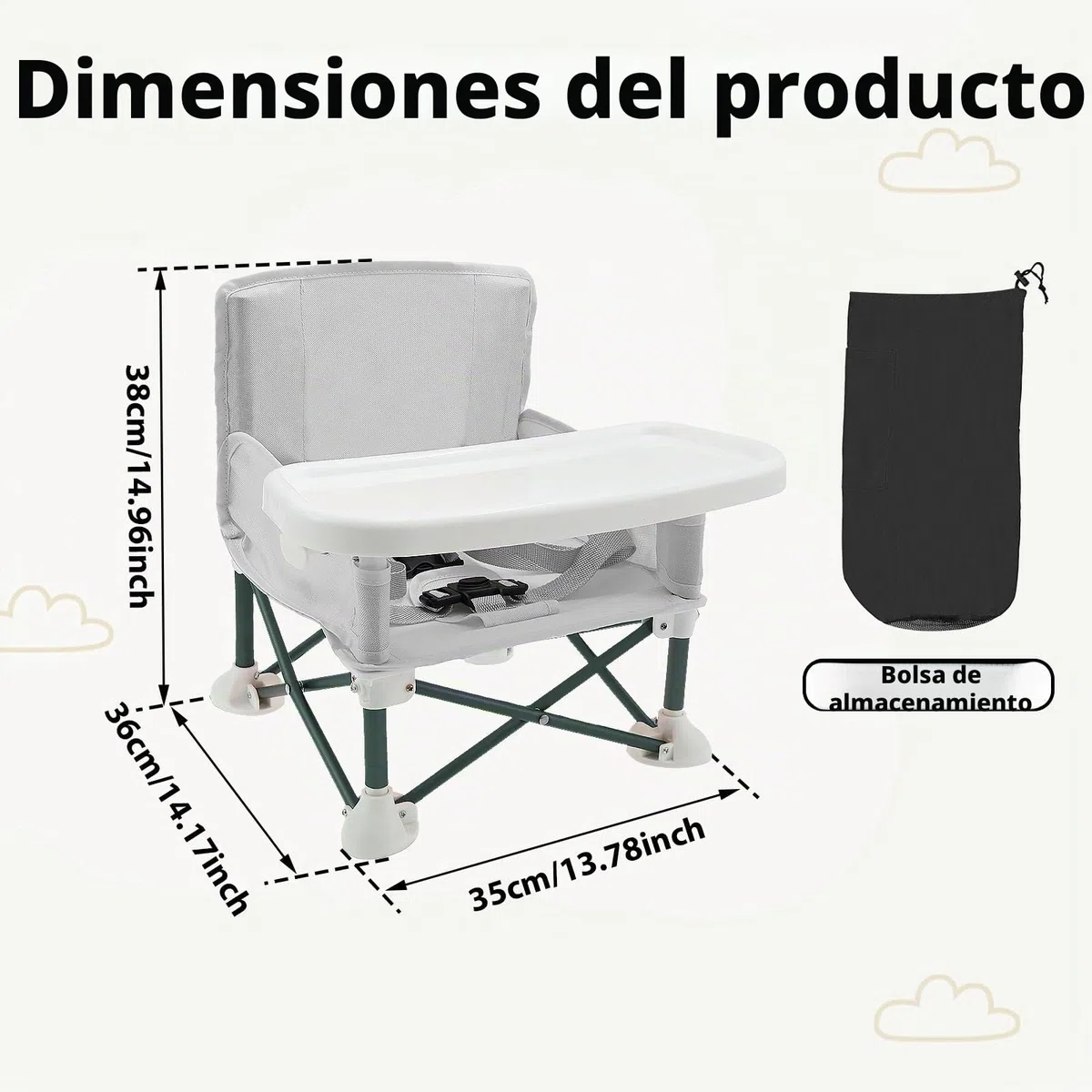 Silla de camping para bebé, trona de viaje para bebé con cinturón de seguridad infantil y compartimento de almacenamiento trasero, plegable, con forro extraíble para interior y exterior (gris)