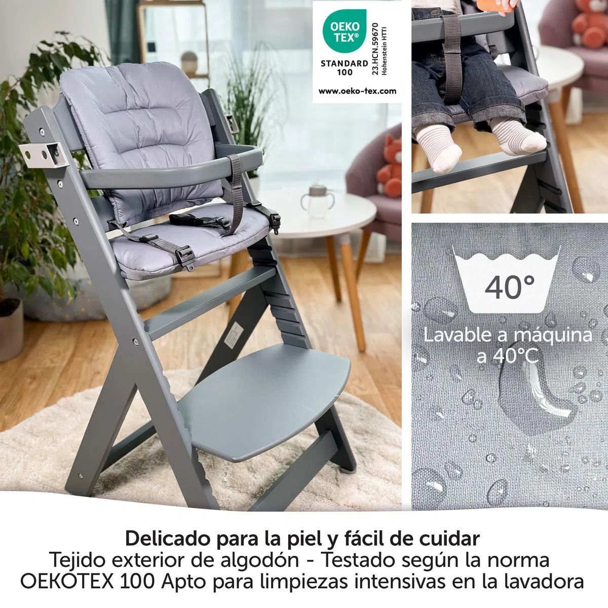 LaLoona Cojin Trona Madera para Bebeconfort/Safety 1st Timba, Cojin Impermeable Trona de 2 Piezas, Cojin Trona Evolutiva Madera Lavable, OEKOTEX Standard 100 - Gris