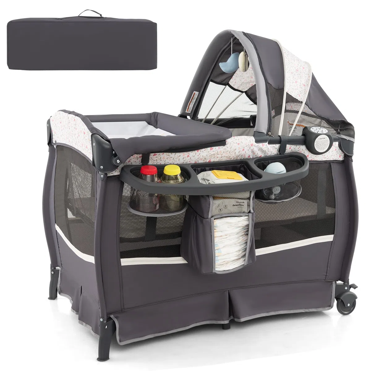 LIFEZEAL Cuna Bebe Plegable con Colchón, Cuna Colecho con Juguetes Montessori y Reproductor de Música, Bebe Bed con Cambiador y Ruedas, Carga 15 kg