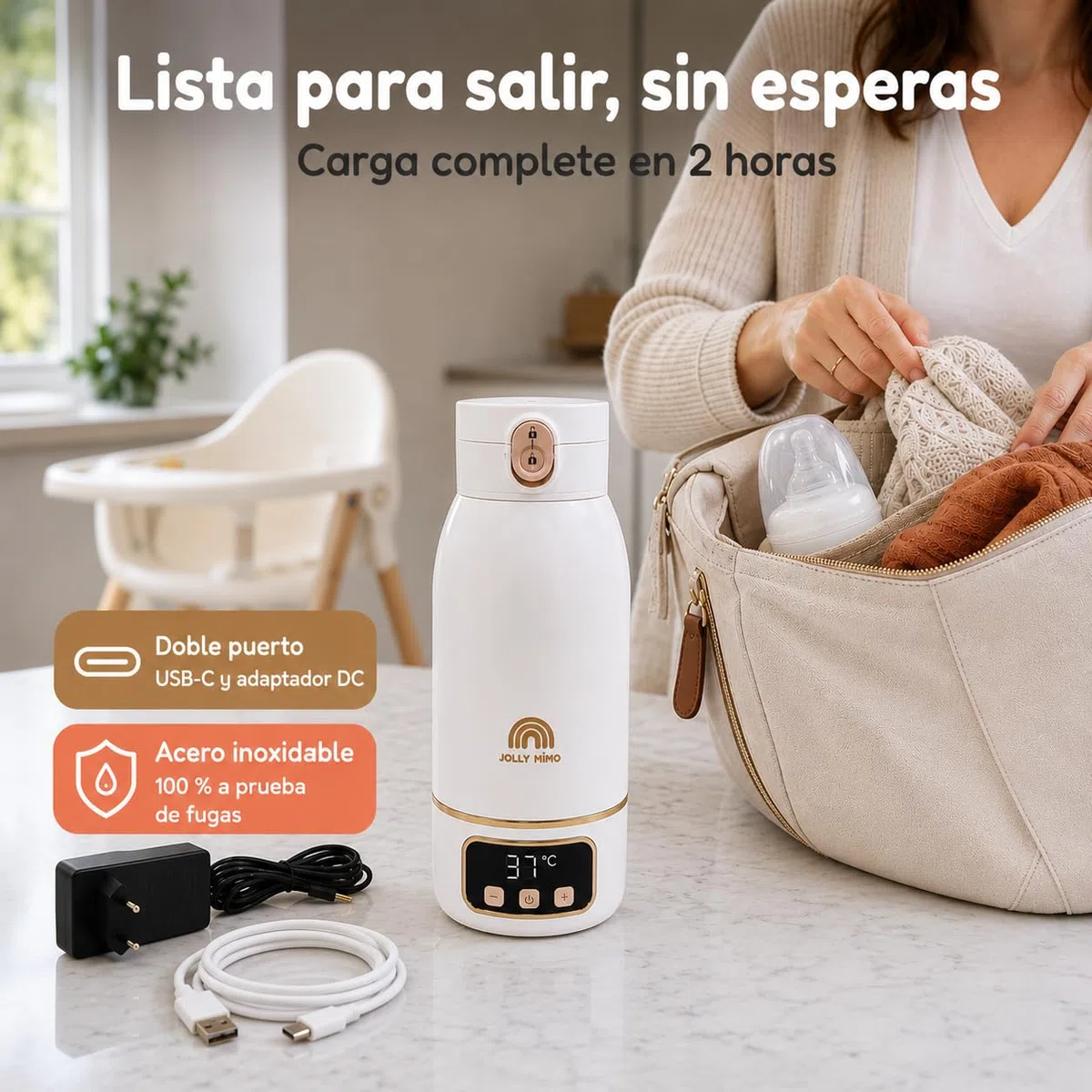 Calentador de Biberones Portátil Sin Cable 500ml, Agua y Leche Materna, Viaje/Coche/Noche, Cepillo Incluido, Diseño Dorado Premium Auto-Pasteurización