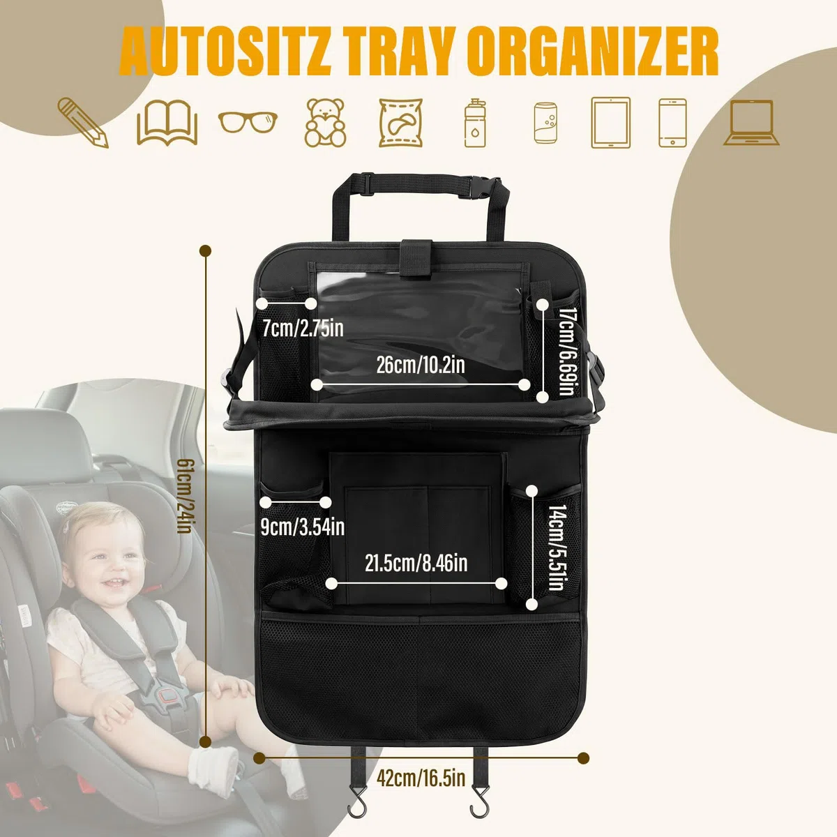 2 Pcs Organizador Asiento Coche,Bolsa de Almacenamiento del Coche con Mesa Plegable y Funda Para Teléfono Móvil/Tableta,Protector Asiento Coche Para Almacenar Juguetes, Bocadillos Y Tazas En El Auto