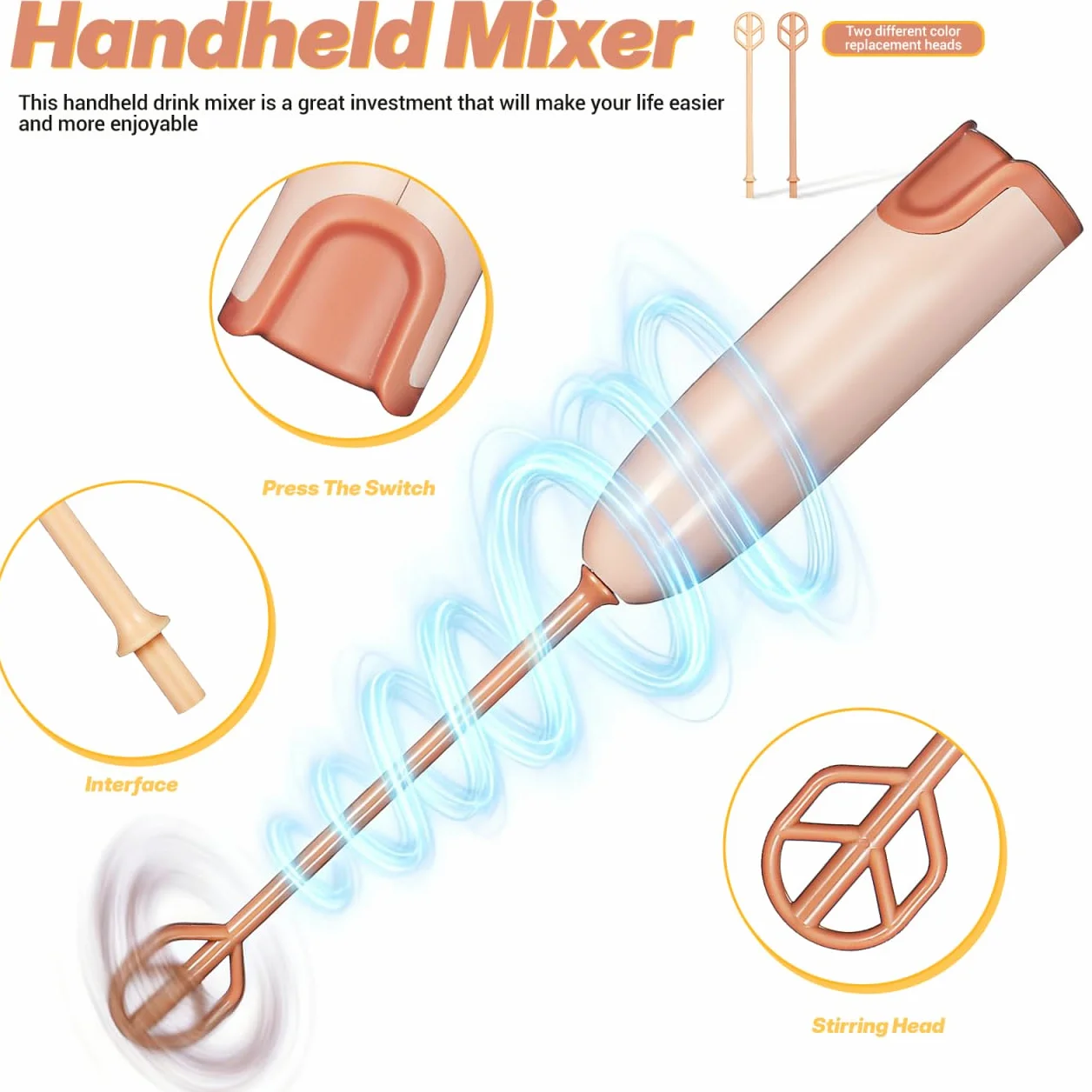 Toyvian - Mezclador eléctrico portátil de mano para leche infantil con mango alargado, mezclador rápido y fácil para leche en polvo y bebidas, desmontable y simple