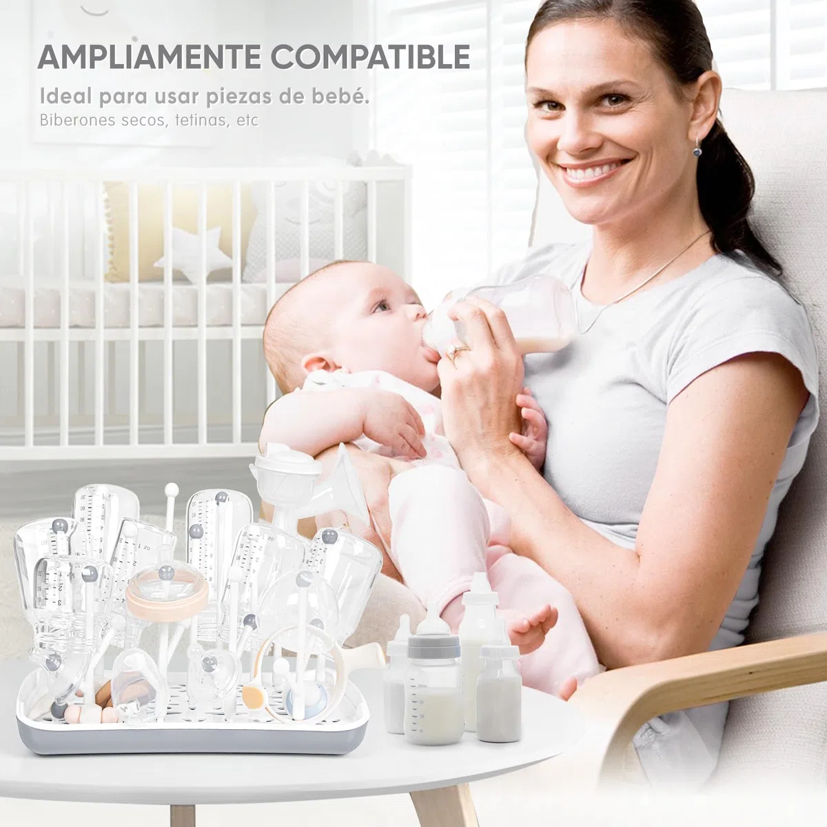Termichy Estante para secar biberones con Bandeja de Agua extraíble Portabotellas para mostrador para bebés y niños pequeños (Gris)