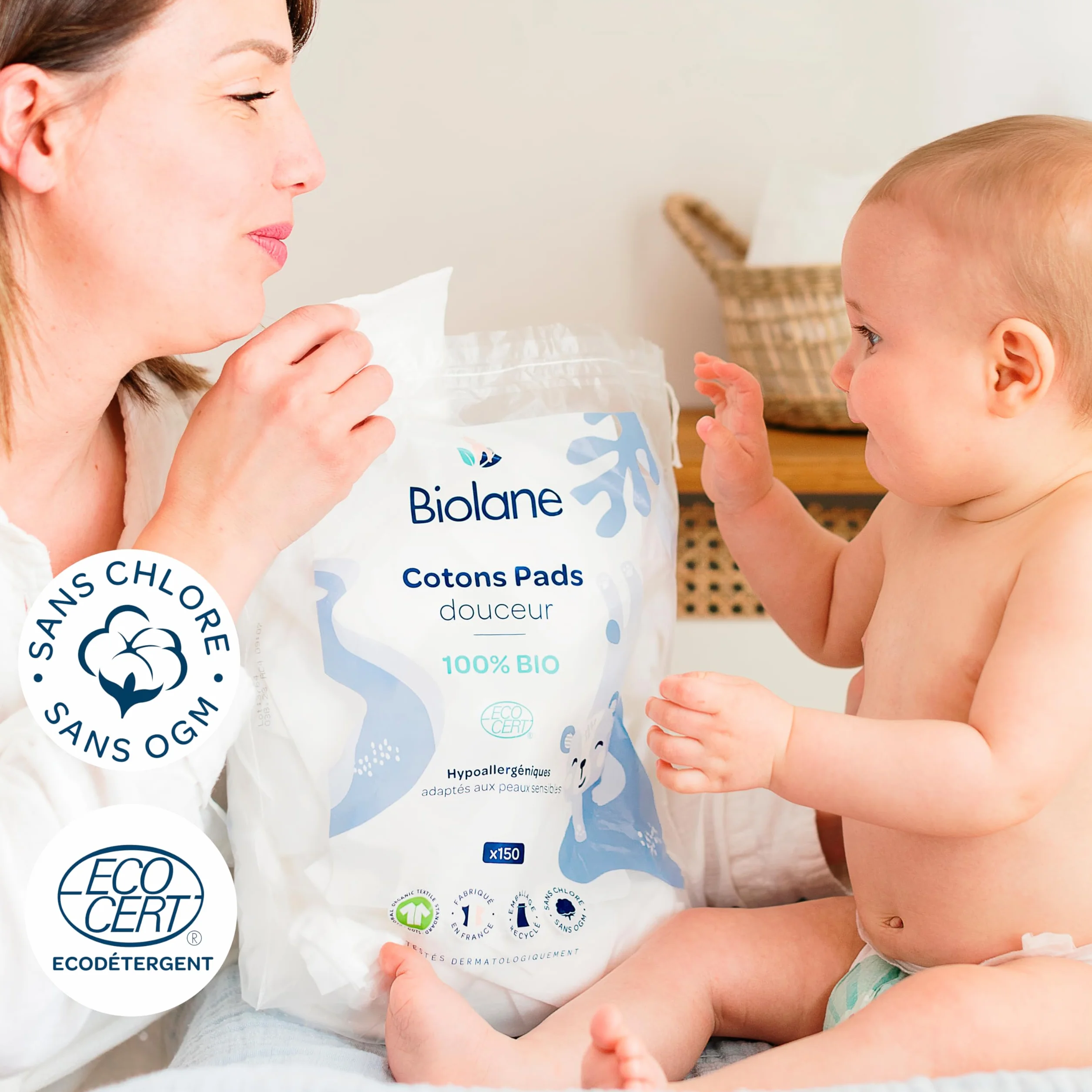 BIOLANE – Juego de 3 almohadillas de algodón para bebé, 100% orgánico, 150 algodón, piel sensible, cambio y aseo – desde el nacimiento – Fabricado en Francia