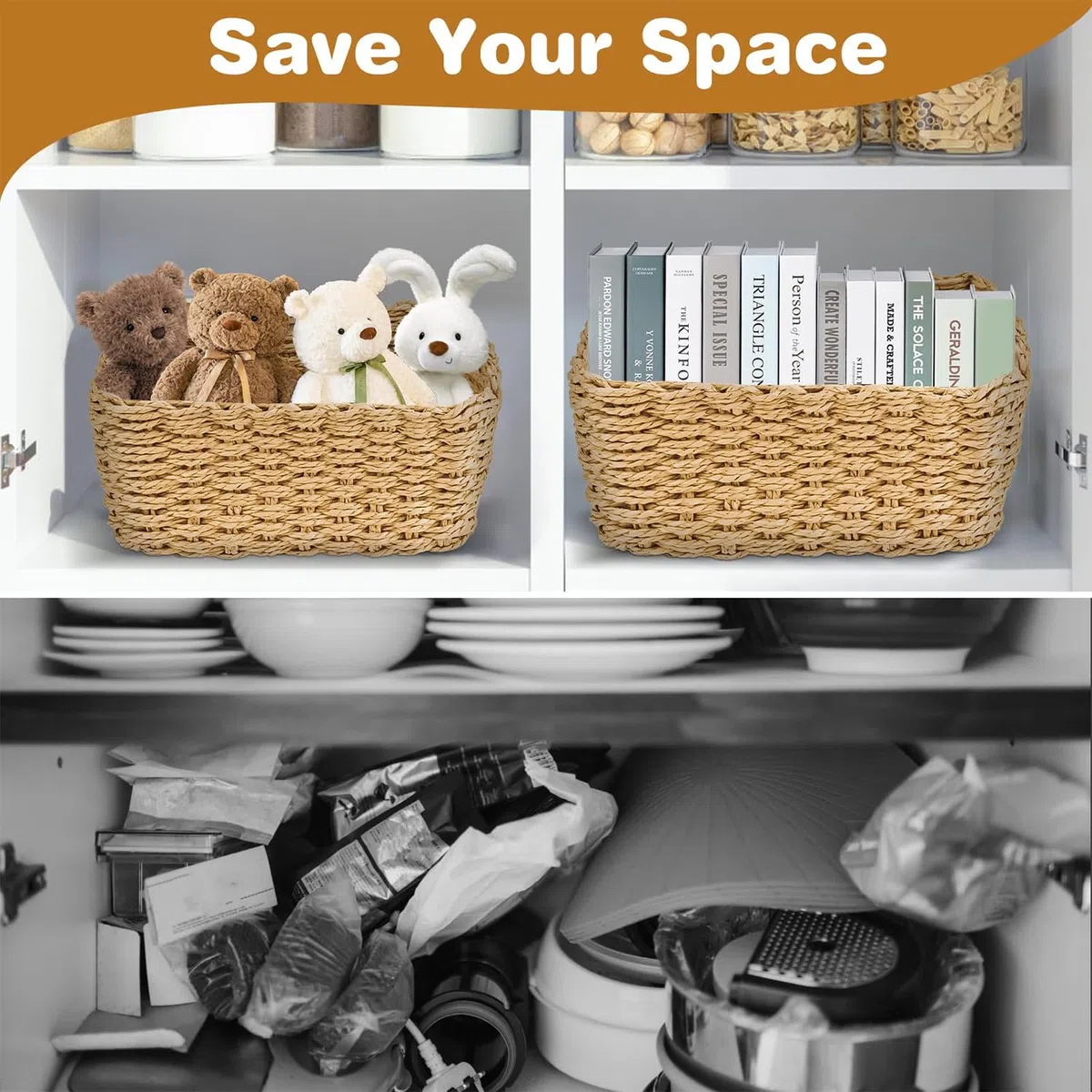 Juego de 4 Cestas de Mimbre Apilables, Cestas de Almacenamiento Trenzadas, Cestas de Cuerda de Papel Reciclable, Cestas Almacenaje, Cesta Mimbre Para Baño, Mesas, Cocina, Salón