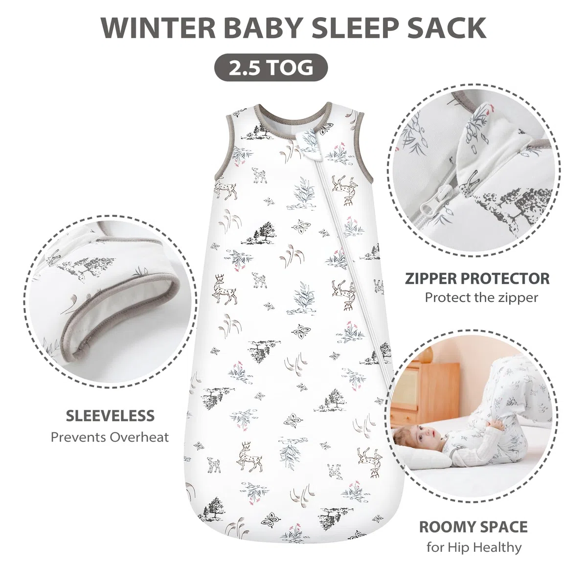 Mosebears Saco de Dormir para Bebé de Invierno Fibra de Bambú 2.5 TOG,Super Suave y cálido.(Forest,0-6 Meses)