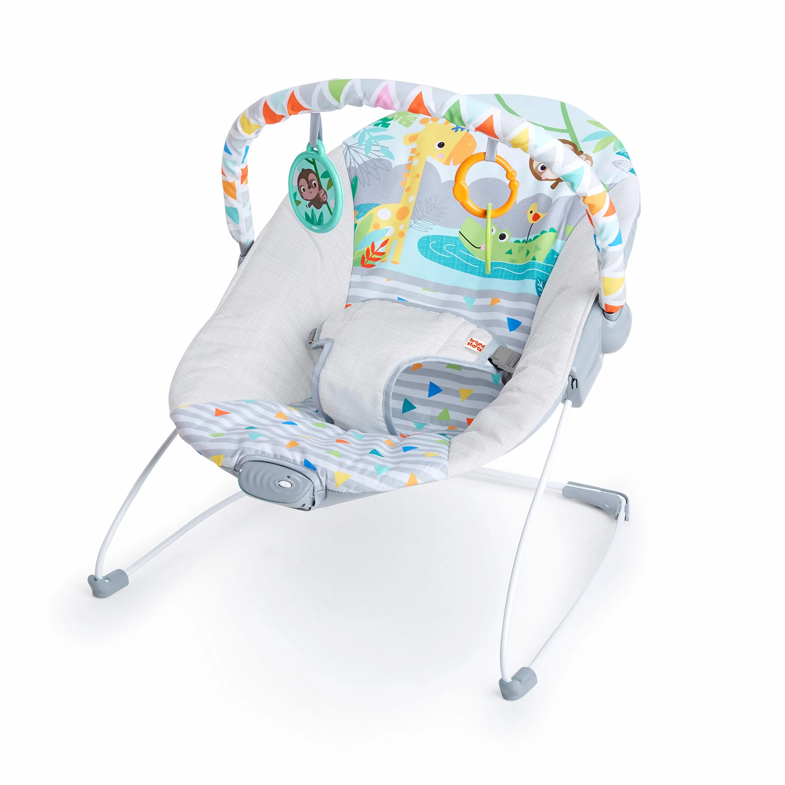Bright Starts, Asiento Infantil Vibrador - Barra de Juguetes Removible, Pies Antideslizantes, 0-6 Meses Hasta 9 kg (Safari Fun)