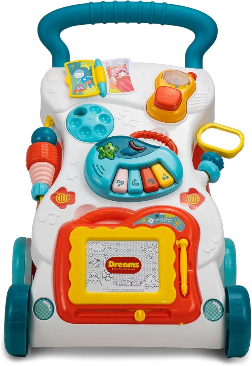 Correpasillos Bebé, Andador Bebé primeros pasos. Ruedas con velocidad regulable. Contiene instrumento musical, Pizarra y juguetes, a partir de 12M+ (BLANCO)