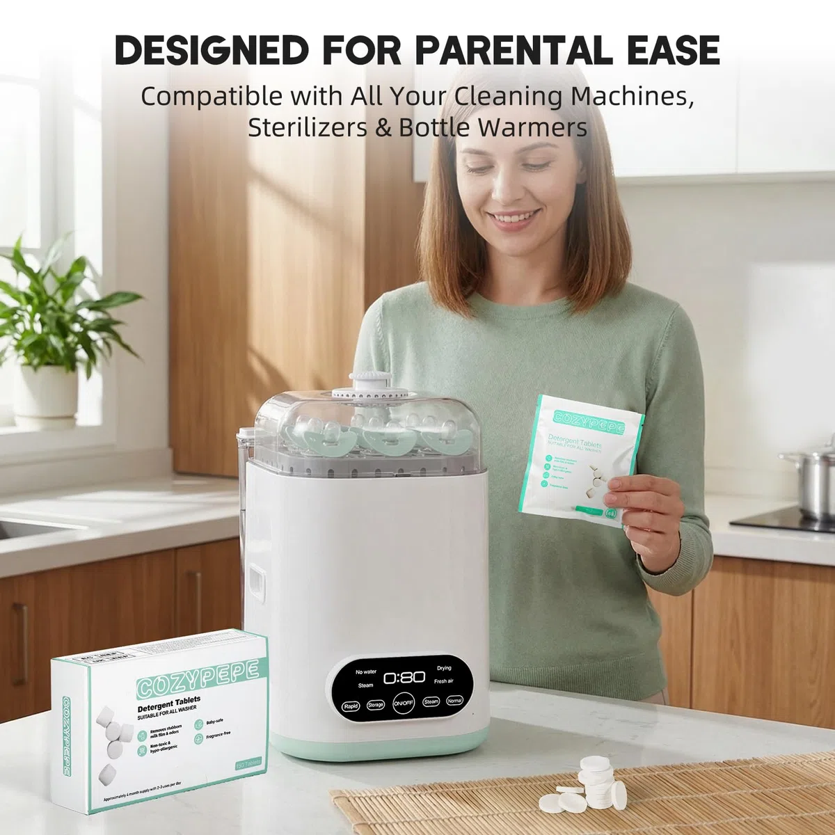 Tabletas detergentes para lavavajillas de biberones de bebé, 150 unidades, fórmula suave de disolución rápida, elimina residuos de leche, grasa y olores, compatible con todas las marcas, apto para lav