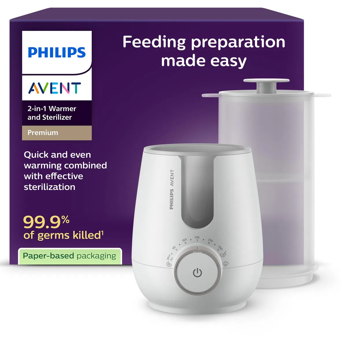 Philips Avent Premium calentador y esterilizador 2 en 1 con tecnología de baño de agua estándar de calidad hospitalaria, sensor de temperatura inteligente, prevención de zonas calientes, SCF359/00