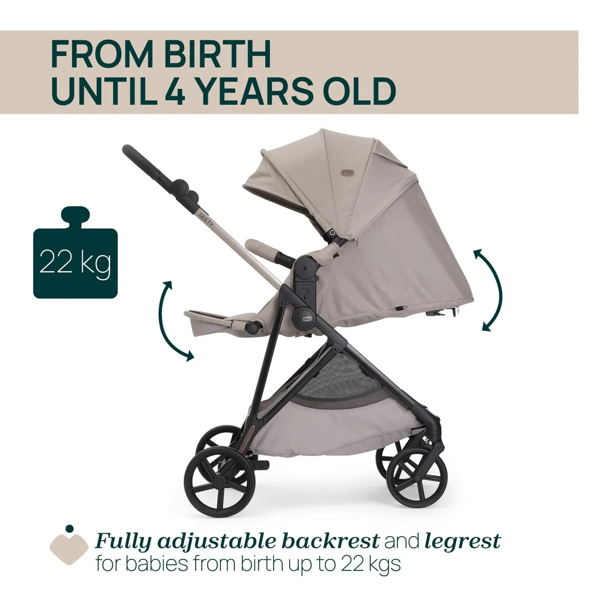 Chicco Cochecito Seety, Cochecito Ligero y Compacto De 0 Meses a 4 Años, Capacidad Máxima 22 kg, Cochecito Plegable,Respaldo Reclinable,Cierre Automático con 1 Movimiento, Capota Parasol y Cubrelluvia
