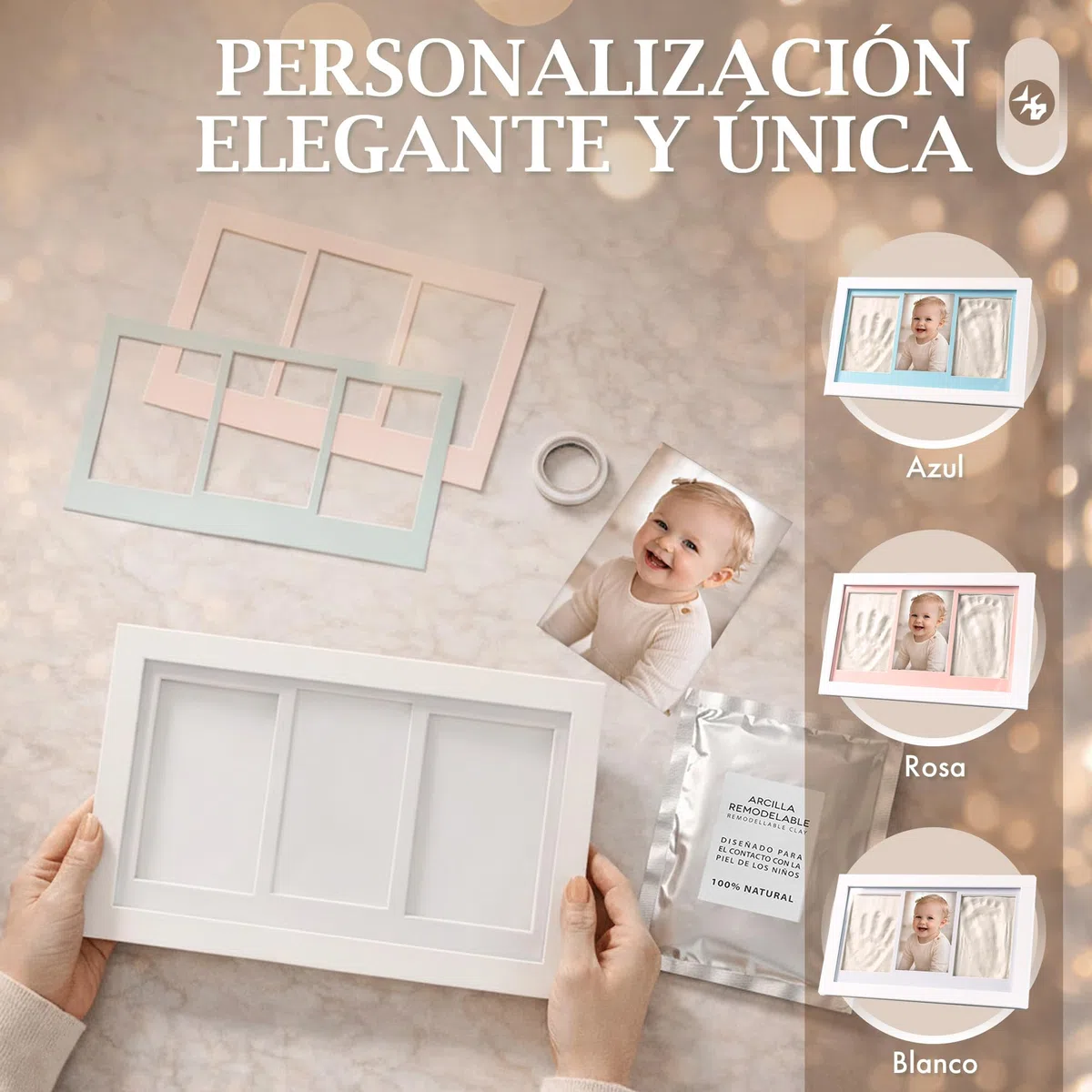 Marco Huellas Bebe Recien Nacido. Cuadro Regalo y recuerdo Original para Nacimiento, Bautizo, Bebes, Recien Nacidos, Embarazadas, Baby shower, Kit Foto para Bebé Niño, Niña con arcilla