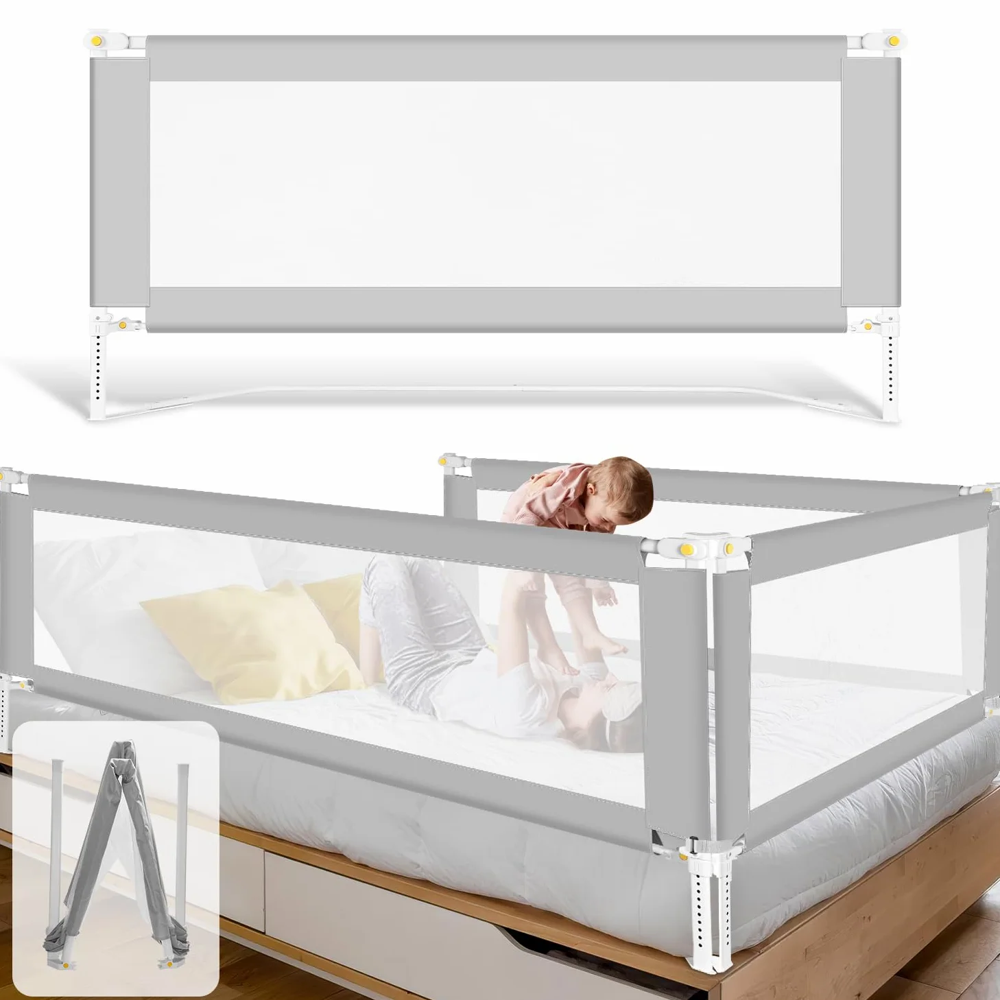 Barrera de cama 180 cm x 2 + 150 cm x 1, barrera de cama plegable con base en forma de U, barrera de protección para cama infantil, altura regulable 68 – 95 cm, para niños y padres, color gris