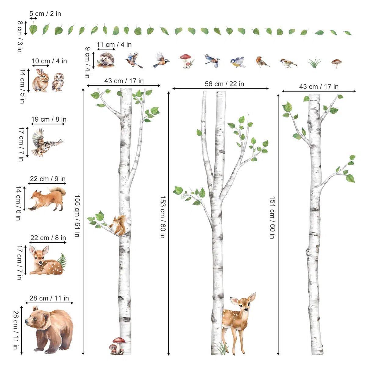 wondever Pegatinas de Pared Animales del Bosque Abedul Árbol Grande Adhesivos Pared Decorativos Ciervo Oso Zorro Vinilos Pared Habitación Niño Bebés Dormitorio Guardería