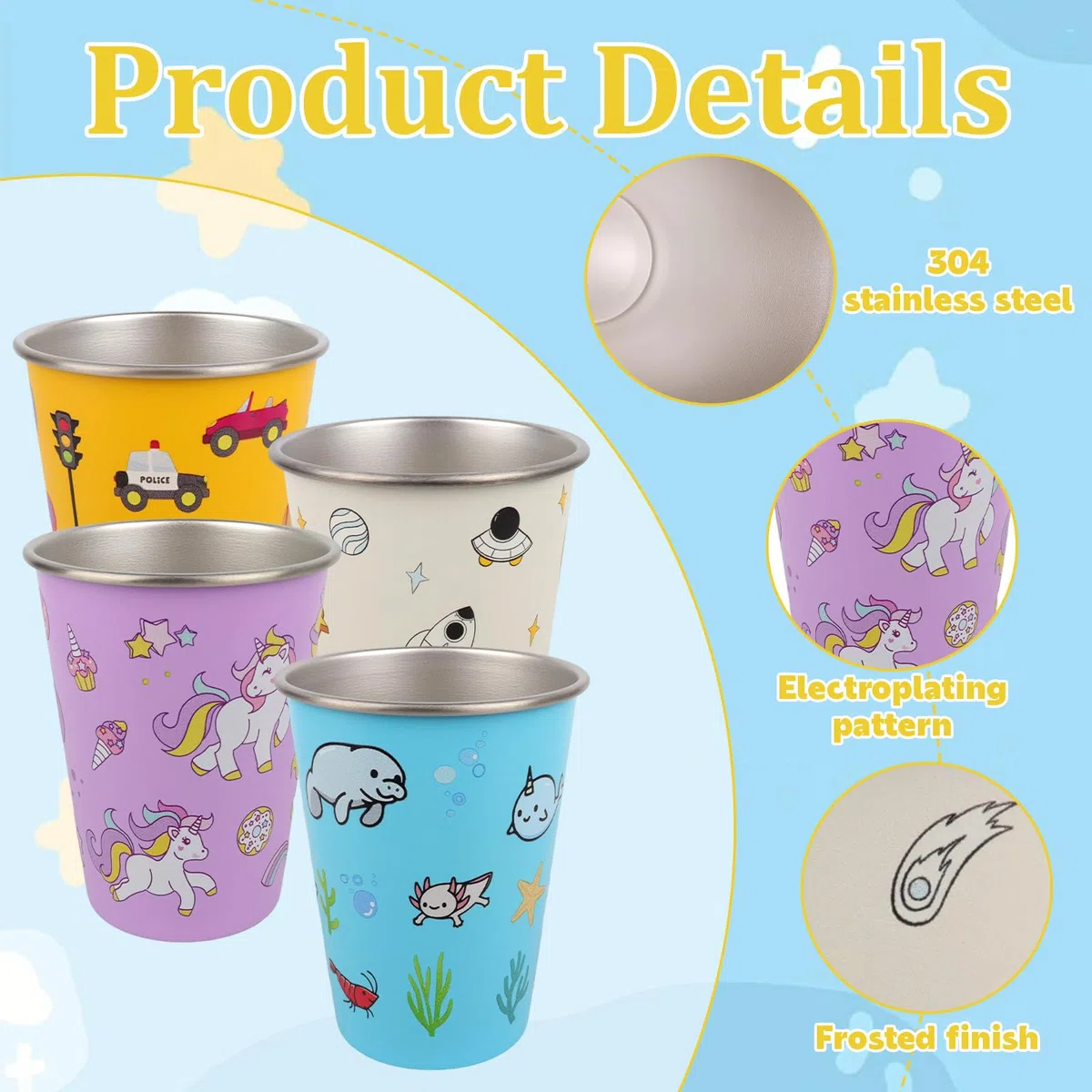 4 vasos infantiles de acero inoxidable, 350 ml, vasos de acero inoxidable, reutilizables, vasos para niños, con bolsa de almacenamiento para niños y niñas (diseño en 4 colores)