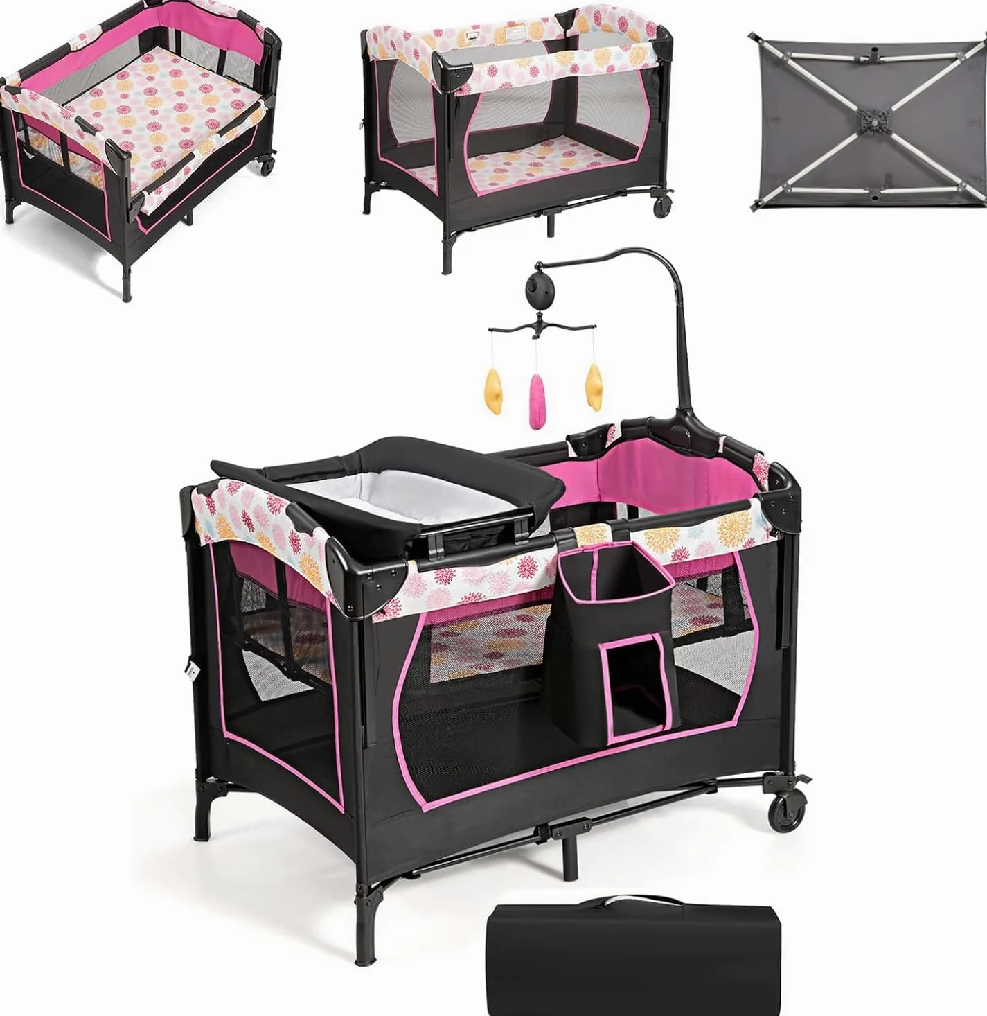 FANTASK Cuna de Viaje Plegable 4 en 1 de hasta 15 kg, moisés, Cuna Auxiliar, Cambiador y Parque Infantil, 2 Niveles, Altura Regulable, con Bolsa de Transporte, colchón y Caja de música