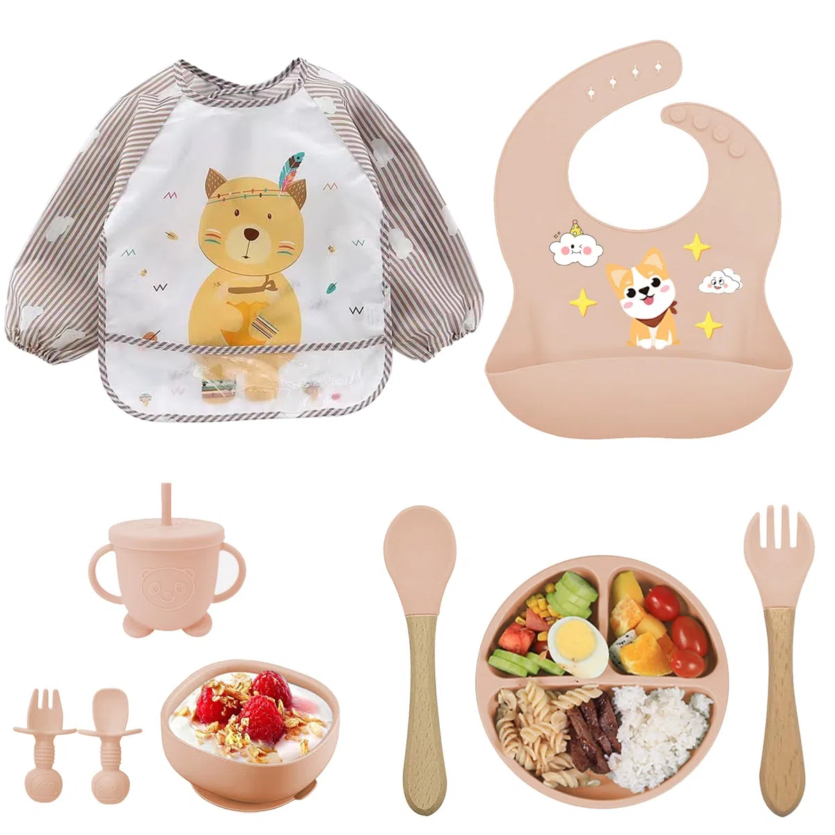 Set de vajilla de silicona para bebé 9 piezas – Plato y cuenco con ventosa, vaso de aprendizaje, cubiertos de silicona, babero y delantal manga larga – Kit BLW antideslizante, apto lavavajillas, plega