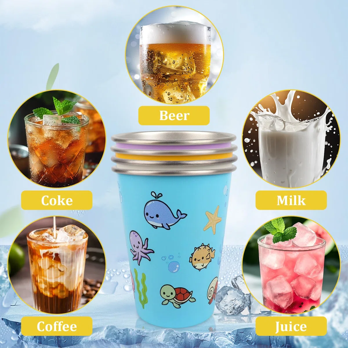 4 vasos infantiles de acero inoxidable, 350 ml, vasos de acero inoxidable, reutilizables, vasos para niños, con bolsa de almacenamiento para niños y niñas (diseño en 4 colores)