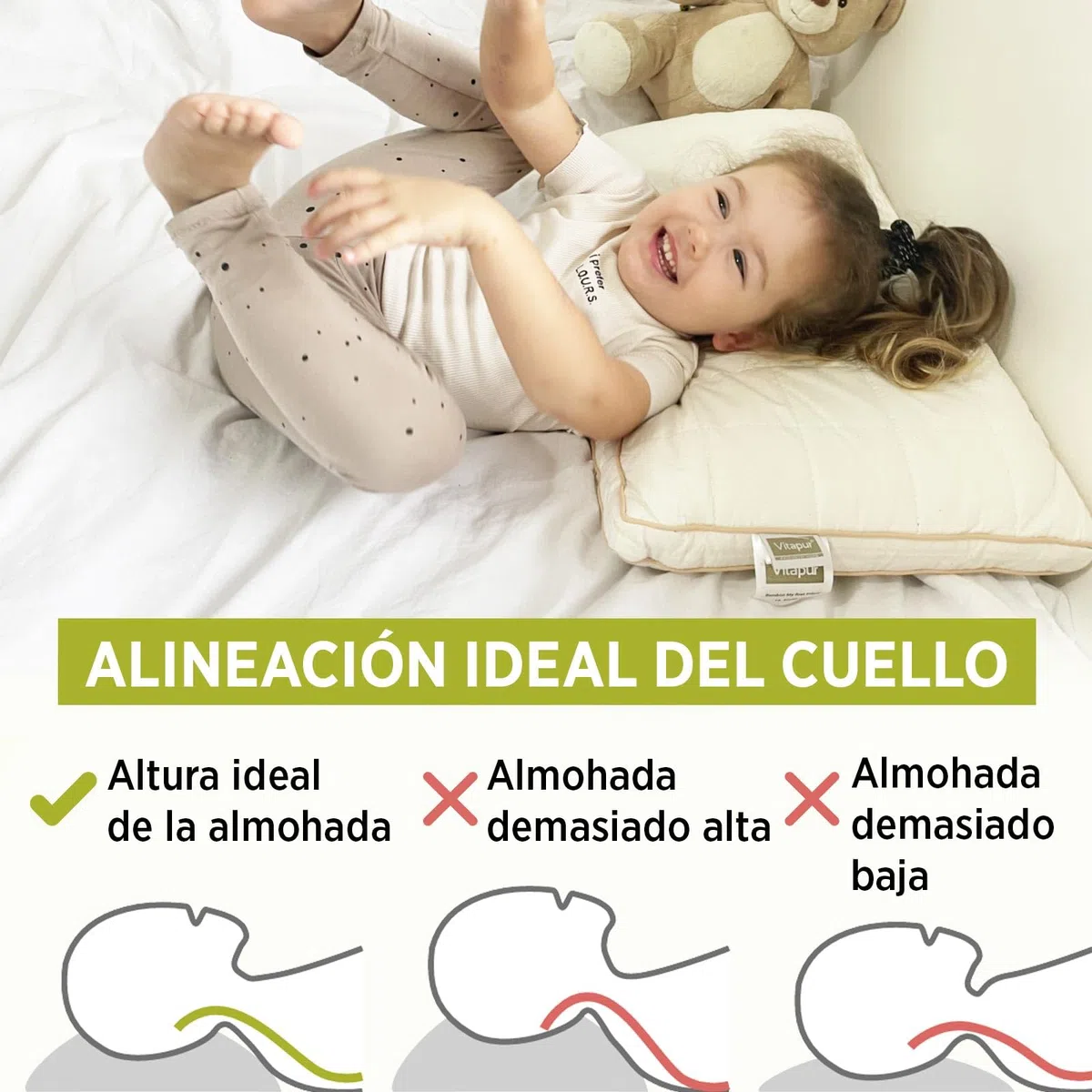 VITAPUR - Almohada para niños pequeños, 40 x 60 cm, 100% algodón Natural, Suave, Ajustable en Altura, Lavable, hipoalergénica, Certificado Oekotex-100, para 12 Meses y más