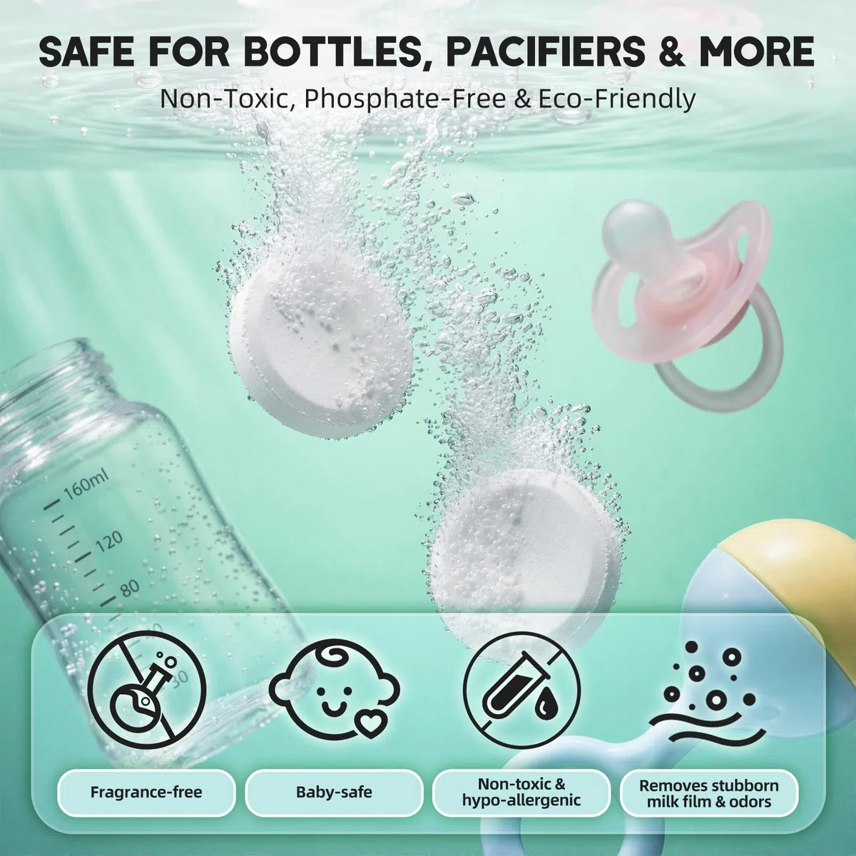 Tabletas detergentes para lavavajillas de biberones de bebé, 150 unidades, fórmula suave de disolución rápida, elimina residuos de leche, grasa y olores, compatible con todas las marcas, apto para lav